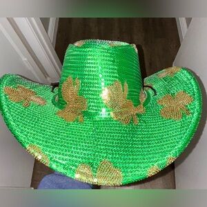 NEW - Good Luck Cowboy Hat Green and Gold Sequin 4 Lead Clovers - Mardi Gras